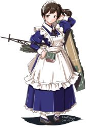 Rule 34 | 10s, 1girl, alternate costume, apron, blue dress, brown eyes, brown hair, dress, enmaided, female focus, flight deck, full body, kaga (kancolle), kantai collection, maid, maid apron, maid headdress, pantyhose, quiver, side ponytail, simple background, solo, tatsumi ray, white pantyhose
