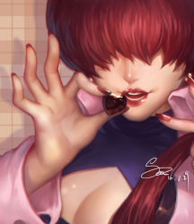 Rule 34 | 1girl, breasts, brown hair, candy, chocolate, chocolate heart, chromatic aberration, cleavage, cleavage cutout, close-up, clothing cutout, earrings, food, hair over eyes, heart, jewelry, large breasts, lips, lipstick, long hair, makeup, nail polish, ponytail, shermie (kof), snk, solo, spade-m, the king of fighters