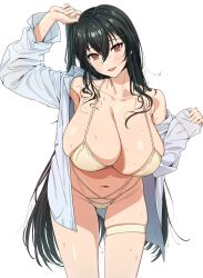 Rule 34 | 1girl, absurdres, arm up, armpits, azur lane, bikini, black hair, blush, breasts, cleavage, collarbone, cowboy shot, criss-cross straps, crossed bangs, hair between eyes, hanging breasts, head tilt, highres, huge breasts, long hair, looking at viewer, navel, official alternate costume, one side up, open clothes, open mouth, open shirt, red eyes, shirt, simple background, skindentation, smile, solo, stomach, string bikini, sweat, swimsuit, taihou (azur lane), taihou (seaside daydreams) (azur lane), thigh strap, thighs, very long hair, wet, white background, white bikini, white shirt, yukiman1056