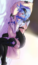 Rule 34 | 1girl, back cutout, bed sheet, black gloves, black hairband, black thighhighs, blue hair, body pillow, bodysuit, clothing cutout, eula (genshin impact), genshin impact, gloves, hair between eyes, hairband, highres, long hair, long sleeves, looking at viewer, lying, hugging object, on stomach, one eye closed, open mouth, pillow, pillow hug, purple eyes, sideways, signature, solo, thighhighs, wide sleeves, xiaohuangyu
