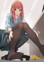 Rule 34 | 1girl, black jacket, blazer, blue eyes, blue shirt, blush, brown hair, brown pantyhose, brown skirt, chair, closed mouth, collarbone, commentary request, doushimasho, earrings, feet, unworn footwear, from below, high heels, highres, indoors, jacket, unworn jacket, jewelry, lanyard, long hair, looking at viewer, miniskirt, motion lines, nail polish, no shoes, office chair, office lady, original, pantyhose, pencil skirt, shirt, shoes, unworn shoes, sidelocks, sitting, skirt, solo, swivel chair, wing collar, yellow footwear, yellow nails