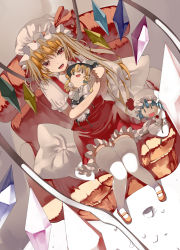 Rule 34 | 1girl, blonde hair, character doll, cushion, embodiment of scarlet devil, female focus, flandre scarlet, from above, kirisame marisa, knees together feet apart, kureha (ironika), looking at viewer, looking up, mary janes, red eyes, remilia scarlet, shoes, sitting, smirk, solo, stuffed toy, thighhighs, touhou, white thighhighs, yukkuri shiteitte ne