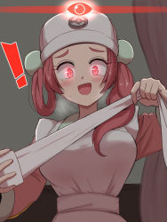 Rule 34 | !, 1girl, :d, alpha pokemon, bandages, blush, breasts, commentary request, creatures (company), eyelashes, game freak, glowing, glowing eyes, hair bobbles, hair ornament, hair rings, hat, highres, holding, kurachi mizuki, long hair, long sleeves, looking down, nintendo, open mouth, pesselle (pokemon), pink eyes, pokemon, pokemon legends: arceus, raised eyebrows, smile, solo, sweat, tongue, upper body, white hat