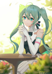 Rule 34 | 1girl, absurdres, ahoge, aqua eyes, aqua hair, bare shoulders, bloom, closed mouth, dress, elbow gloves, elbow rest, gloves, hair between eyes, hatsune miku, highres, interlocked fingers, long hair, looking at viewer, miku symphony (vocaloid), own hands together, sidelocks, signature, sitting, skirt, smile, solo, table, turtleneck, twintails, very long hair, vocaloid, w-t, wavy hair, white gloves