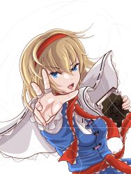 Rule 34 | 1girl, alice margatroid, blonde hair, blue dress, blue eyes, book, capelet, dress, frilled capelet, frilled necktie, frilled sash, frills, grimoire, grimoire of alice, hairband, highres, holding, holding book, jewelry, necktie, open mouth, puppet rings, puppet strings, red hairband, red necktie, red sash, ring, sash, short hair, touhou, white background, white capelet, zaguromaru