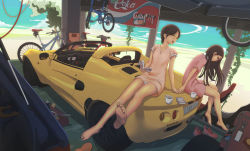 Rule 34 | 2girls, barefoot, book, brown hair, car, closed eyes, feet, flower, glasses, highres, long hair, lotus (brand), lotus elise, md5 mismatch, motor vehicle, multiple girls, on vehicle, original, pandarou, short hair, sitting, toes, vehicle, vehicle focus