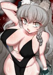 Rule 34 | 1girl, alternate costume, animal ear fluff, animal ears, arknights, arm up, black dress, black gloves, braid, breasts, cleavage, covered erect nipples, dress, from above, gloves, grey eyes, grey hair, highres, large breasts, leopard ears, leopard girl, leopard tail, long hair, looking at viewer, looking up, navel, open mouth, pramanix (arknights), revealing clothes, sleeveless, sleeveless dress, solo, sweat, tail, twin braids, very long hair, wwo2002