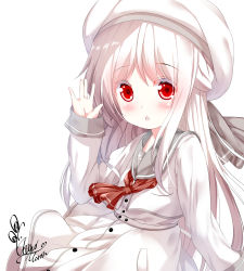 Rule 34 | 1girl, albino, beret, blush, chinomaron, commentary request, grey ribbon, grey sailor collar, hand up, hat, highres, long hair, long sleeves, original, parted lips, red eyes, red neckwear, sailor collar, school uniform, serafuku, shirt, signature, simple background, skirt, sleeves past wrists, solo, very long hair, white background, white hair, white hat, white shirt, white skirt