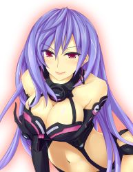 Rule 34 | 10s, 1girl, bare shoulders, breast hold, breasts, cleavage, cleavage cutout, clothing cutout, collarbone, dominatrix, elbow gloves, female focus, gloves, highres, iris heart, kami jigen game neptune v, large breasts, lips, long hair, looking at viewer, midriff, naughty face, navel, neptune (series), purple hair, pururut, red eyes, smile, solo, very long hair, ysnonnon, ysnonnon (yuu)