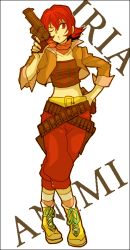 Rule 34 | 1girl, alfa system, belt, black border, border, character name, crossed legs, flipped hair, full body, gun, hand on own hip, hip focus, iria animi, crossed legs, midriff, one eye closed, pants, red eyes, red hair, scarf, shoes, short hair, solo, standing, sudachips, tales of (series), tales of innocence, vest, watson cross, weapon, white background, wink
