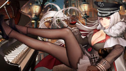 Rule 34 | 1girl, azur lane, black footwear, black pantyhose, black shirt, breasts, building, cape, cleavage, coat, collar, collared shirt, commentary request, cross, crossed legs, cup, drinking glass, eyelashes, fur-trimmed cape, fur-trimmed coat, fur trim, gloves, graf zeppelin (azur lane), grey skirt, gudadan, hair blowing, hat, high heels, highres, holding, instrument, iron cross, lamppost, large breasts, leaning back, legs, legs up, long sleeves, looking at viewer, military hat, night, night sky, open collar, outdoors, pantyhose, peaked cap, piano, pleated skirt, reclining, red collar, red eyes, shirt, sidelocks, silver hair, skirt, sky, solo, thighs, wine glass