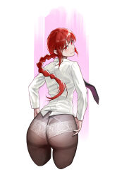 Rule 34 | 1girl, ass, black necktie, black pantyhose, blush, braid, braided ponytail, butt crack, chainsaw man, closed mouth, from behind, hands on own hips, highres, long hair, looking at viewer, looking back, makima (chainsaw man), mole, mole on ass, mole on thigh, necktie, no pants, panties, panties under pantyhose, pantyhose, ringed eyes, sb (dlwnsrl1783), shirt, solo, thighband pantyhose, underwear, white panties, white shirt