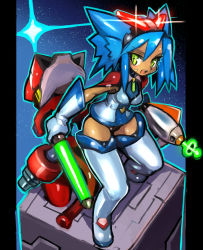Rule 34 | 1girl, absurdres, arm cannon, back-to-back, black border, blue hair, boots, border, breasts, dakusuta, facial mark, full body, gloves, green eyes, hair between eyes, hairband, highres, leaning forward, medium breasts, original, outside border, robot, solo, spiked hair, standing, star (symbol), starry background, thigh boots, thighhighs, weapon, white footwear, white gloves