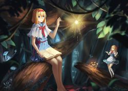 Rule 34 | 1girl, alice margatroid, apron, arms up, bad id, bad pixiv id, bare legs, barefoot, blonde hair, blue eyes, book, bow, branch, capelet, dress, expressionless, forest, hair bow, hairband, hand up, in tree, kneehighs, lolita hairband, long hair, mary janes, mushroom, nature, open book, plant, ribbon, sash, shanghai doll, shoes, short hair, shuang ye, sitting, socks, solo, star (symbol), touhou, tree, vines, waist apron