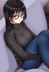 Rule 34 | 1girl, absurdres, black-framed eyewear, black hair, black sweater, blush, bralines, breasts, closed mouth, couch, denim, feet out of frame, glasses, highres, huyumitsu, indoors, jeans, knees up, large breasts, long hair, long sleeves, looking at viewer, on couch, original, pants, photoshop (medium), red eyes, ribbed sweater, sitting, solo, straight hair, sweater, taut sweater, textless version, turtleneck, turtleneck sweater
