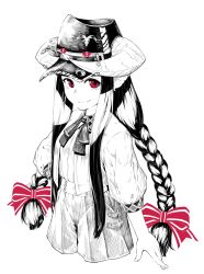 Rule 34 | 1girl, animal ears, braid, closed mouth, cropped legs, dress, greyscale, hair ribbon, hand on own hip, hat, horned girl (jaco), horns, jaco, long hair, long sleeves, looking at viewer, monochrome, necktie, original, red eyes, red ribbon, ribbon, shorts, simple background, smile, solo, spot color, standing, tress ribbon, very long hair, white background