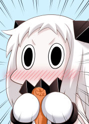 Rule 34 | (o) (o), 10s, 1girl, abyssal ship, blush, carrot, close-up, colored skin, commentary request, holding, horns, kantai collection, mittens, northern ocean princess, simple background, solo, white hair, white skin, yamato nadeshiko