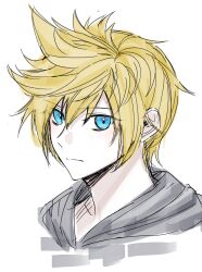 Rule 34 | 1boy, absurdres, black coat, blonde hair, blue eyes, closed mouth, coat, from side, gongju s2, highres, hood, hood down, kingdom hearts, looking at viewer, portrait, roxas, short hair, simple background, sketch, solo, white background