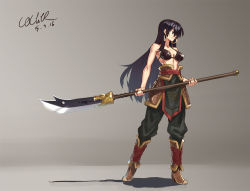 Rule 34 | armor, artist name, bikini, bikini armor, black hair, boots, chinese clothes, earrings, guan dao, jewelry, l.k, long hair, looking to the side, polearm, simple background, solo, swimsuit, weapon