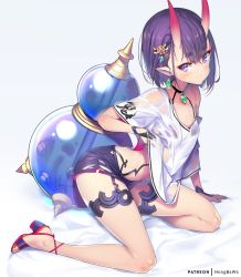 Rule 34 | 1girl, arm support, artist name, blouse, bob cut, breasts, choker, cross-laced footwear, earrings, fate/grand order, fate (series), garter straps, gourd, hair ornament, high heels, hong (white spider), horns, jewelry, looking at viewer, patreon username, purple eyes, purple hair, see-through, see-through shirt, shirt, short hair, short shorts, shorts, shuten douji (fate), simple background, skin-covered horns, small breasts, smile, solo, thigh strap, toeless footwear, white background, white shirt
