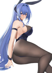 Rule 34 | 1girl, absurdres, animal ears, arm strap, ass, axicoi, azur lane, bare shoulders, black leotard, bodystocking, breasts, fake animal ears, feet out of frame, from side, highres, large breasts, leotard, long hair, looking at viewer, new jersey (azur lane), new jersey (exhilarating steps!) (azur lane), official alternate costume, oversized breast cup, pantyhose, playboy bunny, ponytail, rabbit ears, simple background, solo, strapless, strapless leotard, very long hair, white background, wrist cuffs