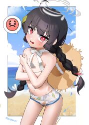Rule 34 | 1girl, absurdres, beach, black hair, blue archive, blush, bow, braid, breasts, convenient censoring, covering privates, covering breasts, embarrassed, emoji, fisro, flat chest, hair ornament, halo, hat, highres, holding, leaf print, long hair, looking at viewer, miyu (blue archive), miyu (swimsuit) (blue archive), open mouth, red eyes, small breasts, straw hat, swimsuit, topless, twin braids, twintails, water, worried
