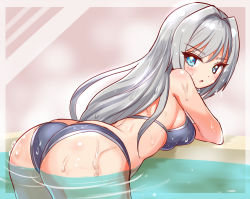 Rule 34 | 1girl, ass, bare shoulders, bikini, blue eyes, breast press, breasts, cougar (cougar1404), ethel (xenoblade), from behind, grey hair, leaning, leaning forward, long hair, looking at viewer, looking back, medium breasts, open mouth, parted lips, shiny clothes, shiny skin, sideboob, solo, swimsuit, water, wedgie, wet, wet clothes, wet hair, xenoblade chronicles (series), xenoblade chronicles 3