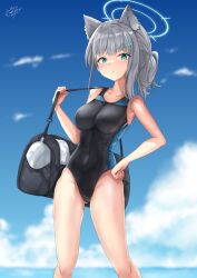 Rule 34 | 1girl, animal ear fluff, animal ears, bag, black one-piece swimsuit, blue archive, blue eyes, blue halo, blue sky, blurry, blurry background, blush, breasts, cloud, collarbone, commentary, cross hair ornament, duffel bag, feet out of frame, grey hair, groin, hair ornament, halo, hand on own hip, highres, large breasts, looking at viewer, mg42cat-k1ng, mismatched pupils, official alternate costume, one-piece swimsuit, outdoors, parted lips, ponytail, shiroko (blue archive), shiroko (swimsuit) (blue archive), signature, sky, solo, standing, swimsuit, wolf ears, wolf girl