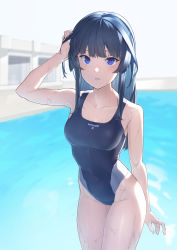 Rule 34 | 1girl, absurdres, agatsuma kaede, alice gear aegis, arm up, armpit crease, armpits, blue hair, blue one-piece swimsuit, blunt bangs, blurry, blurry background, blush, breasts, collarbone, commentary request, competition swimsuit, covered navel, cowboy shot, eyelashes, hand on own head, highleg, highleg swimsuit, highres, karappo (keith8387), long hair, medium breasts, nail polish, one-piece swimsuit, parted lips, pink nails, pool, purple eyes, shiny clothes, shiny skin, sidelocks, solo, standing, swimsuit, teeth, thighs, wet