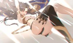 Rule 34 | 1girl, arm up, armpits, black hair, black thighhighs, bsq, commentary request, fate/grand order, fate (series), gradient background, grey background, highres, ishtar (fate), legs, long hair, open mouth, red eyes, single thighhigh, solo, spread legs, thighhighs