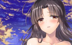 Rule 34 | 10s, 1girl, bare shoulders, black hair, blush, close-up, cloud, collarbone, eyebrows, highres, kantai collection, lips, long hair, looking at viewer, lzd, night, night sky, parted lips, portrait, shouhou (kancolle), sky, solo, twitter username, yellow eyes