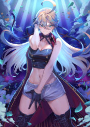 Rule 34 | ahoge, bare shoulders, belt, black gloves, black thighhighs, blonde hair, blue background, boots, breasts, cleavage, cloud, coat, cowboy shot, cross-laced footwear, gloves, green eyes, hair between eyes, halterneck, halterneck, highres, kamina kohane, lace-up boots, large breasts, long coat, long hair, mashuu (neko no oyashiro), open clothes, open coat, palette project, shorts, smile, solo, thigh boots, thighhighs, virtual youtuber, white belt, white shorts