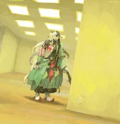 Rule 34 | 1boy, :d, ashiya douman (fate), asymmetrical clothes, asymmetrical hair, backrooms (creepypasta), bad id, bad twitter id, black hair, ceiling light, closed eyes, curly hair, electrical outlet, fate/grand order, fate (series), fingernails, full body, green kimono, indoors, japanese clothes, kimono, long fingernails, long hair, male focus, mousariababa, multicolored hair, open mouth, smile, solo, standing, two-tone hair, very long hair, white hair, wide sleeves, yellow theme