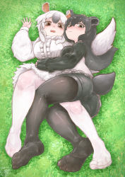 Rule 34 | 2girls, absurdres, animal ears, anteater ears, anteater tail, arm around waist, ass, bad id, bad pixiv id, between legs, black hair, black legwear, brown eyes, center frills, closed mouth, clothing cutout, day, dress, extra ears, feet, frills, full body, furrowed brow, grass, hands up, highres, hug, kemono friends, knee up, komeiponkiti, pantyhose under shorts, long hair, long sleeves, looking at viewer, lying, malayan tapir (kemono friends), multicolored hair, multiple girls, no shoes, on back, on side, open mouth, outdoors, pantyhose, short dress, short hair, shorts, sidelocks, soles, southern tamandua (kemono friends), sweater, tail, tail through clothes, tamandua ears, tamandua tail, tapir ears, tapir tail, toes, two-tone hair, white hair, white legwear