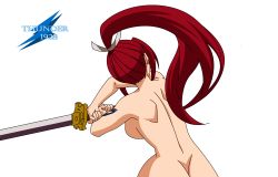 Rule 34 | 1girl, alternate hairstyle, arm tattoo, armpits, artist logo, ass, back, backboob, barefoot, battle, breasts, brown eyes, clenched hands, collarbone, colorized, completely nude, curvy, destruction, dimples of venus, epic, erza scarlet, exhibitionism, facing away, fairy tail, female focus, fighting stance, floating hair, from behind, highres, holding, holding sword, holding weapon, huge ass, large breasts, leaning to the side, legs, long hair, mashima hiro, neck, nude, ponytail, public indecency, red hair, shiny skin, shoulder blades, sidelocks, simple background, standing, sword, tattoo, thighs, third-party edit, unworn clothes, weapon, white background