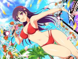 Rule 34 | 1girl, asamiya athena, bikini, breasts, cleavage, crossover, earrings, english text, flower, jewelry, large breasts, long hair, looking at viewer, microphone, navel, official art, open mouth, petals, psycho soldier, purple eyes, purple hair, red bikini, senran kagura, senran kagura new wave, smile, snk, solo, stomach, swimsuit, the king of fighters, yaegashi nan