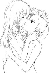 Rule 34 | 2girls, asymmetrical hair, blush, breast press, breasts, closed eyes, collarbone, completely nude, couple, earrings, facepaint, facial mark, greyscale, hand on another&#039;s ass, hand on another&#039;s neck, hug, imminent kiss, jewelry, light smile, long hair, looking at another, mole, mole under eye, monochrome, multiple girls, nude, overwatch, overwatch 1, profile, sidecut, simple background, sketch, small breasts, stud earrings, undercut, upper body, whisker markings, white background, yuri