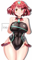 Rule 34 | 1girl, black one-piece swimsuit, blush, bob cut, breasts, competition swimsuit, covered collarbone, covered navel, cowboy shot, curvy, earrings, gem, glowing, groin, halterneck, hands on own chest, headpiece, highres, icoo, jewelry, large breasts, legs together, looking at viewer, neon trim, nintendo, one-piece swimsuit, open mouth, parted bangs, pyra (pro swimmer) (xenoblade), pyra (xenoblade), red hair, shadow, signature, simple background, skin tight, skindentation, solo, standing, surprised, swept bangs, swimsuit, thick thighs, thighs, tiara, white background, wide-eyed, wide hips, xenoblade chronicles (series), xenoblade chronicles 2, yellow eyes