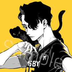 Rule 34 | 1boy, 3 upin, animal, animal on shoulder, arm up, black hair, closed mouth, ferret, greyscale, haikyuu!!, hair over one eye, looking at viewer, male focus, monochrome, multiple moles, sakusa kiyoomi, short hair, simple background, solo, sportswear, tail, upper body, volleyball uniform, yellow background, yellow eyes