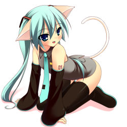 Rule 34 | 1girl, all fours, amakara surume, animal ears, aqua eyes, aqua hair, bad id, bad pixiv id, bottomless, cat ears, cat girl, cat tail, detached sleeves, female focus, full body, hatsune miku, kemonomimi mode, long hair, necktie, simple background, smile, solo, surume (pixiv3908), tail, thighhighs, twintails, very long hair, vocaloid, white background, zettai ryouiki