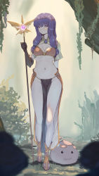 Rule 34 | 1girl, :3, absurdres, blurry, blurry foreground, boots, bra, breasts, brown capelet, brown eyes, brown footwear, bush, capelet, cleavage, closed mouth, commentary, full body, highres, holding, holding staff, long hair, looking at viewer, mage (ragnarok online), medium breasts, midriff, moss, navel, o-ring, o-ring top, pelvic curtain, poring, purple hair, ragnarok online, red bra, red skirt, rou (rou22), showgirl skirt, sidelocks, skirt, slime (creature), staff, standing, tree, underwear