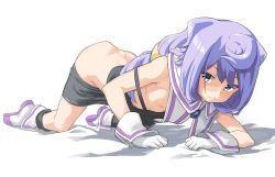Rule 34 | 10s, 1boy, 3:, all fours, bike shorts, bike shorts pull, boots, gloves, hacka doll, hacka doll 3, highres, jpeg artifacts, light purple hair, long hair, male focus, muchi maro, nipples, purple eyes, simple background, solo, strap slip, trap, white background, white gloves