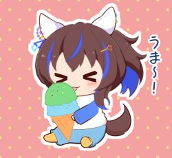 Rule 34 | &gt; &lt;, 1girl, animal ears, blue hair, blue shorts, blush stickers, brown hair, chibi, closed eyes, commentary, commentary request, daitaku helios (umamusume), double scoop, facing viewer, food, gomashio (goma feet), hair between eyes, hair ornament, hairclip, holding, holding food, horse ears, horse girl, horse tail, ice cream, ice cream cone, licking, long sleeves, mini person, minigirl, multicolored hair, outline, pantyhose, pantyhose under shorts, pink background, polka dot, polka dot background, raglan sleeves, shirt, shorts, side ponytail, sitting, sleeves past wrists, solo, star (symbol), star hair ornament, streaked hair, tail, tongue, tongue out, translated, umamusume, white outline, white shirt, yellow pantyhose