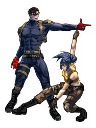 Rule 34 | 1boy, 1girl, abs, bare shoulders, belt, belt pouch, black hair, blue eyes, blue hair, boots, camouflage, covered collarbone, eyepatch, father and daughter, gloves, gun, handgun, heidern, highres, knee pads, leona heidern, muscular, muscular male, ponytail, pouch, simple background, snk, squatting, syachiiro, tank top, the king of fighters, the king of fighters xv, weapon, yellow tank top