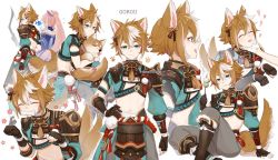Rule 34 | 1boy, 1girl, animal, animal ears, aqua eyes, armor, asymmetrical gloves, asymmetrical sleeves, black gloves, bone, boots, bow, brown hair, character name, dango, dog, dog boy, eating, eyeshadow, fingerless gloves, fish, flower (symbol), food, fox boy, fox ears, fox tail, from behind, genshin impact, gloves, gorou (genshin impact), grey pants, hair ornament, hair tassel, hand on another&#039;s chin, hand on own chin, holding, holding animal, holding dog, hug, hug from behind, kumashige, long hair, long sleeves, looking at viewer, makeup, multicolored hair, multiple views, navel, open mouth, pants, pauldrons, paw pose, paw print, pink hair, ponytail, puffy sleeves, red eyeshadow, sangonomiya kokomi, shiba inu, short sleeves, shoulder armor, signature, simple background, smile, stomach, streaked hair, stroking own chin, tail, tail wagging, tassel, tassel hair ornament, tongue, tongue out, twitter username, two-tone hair, wagashi, white background, white hair
