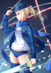 Rule 34 | 1girl, aqua eyes, arm up, artoria pendragon (all), artoria pendragon (fate), baseball cap, blonde hair, blue buruma, blue hat, blue jacket, blue scarf, blue thighhighs, buruma, commentary request, fate/grand order, fate (series), from side, glowing, glowing sword, glowing weapon, hair between eyes, hand on headwear, hat, highres, himitsucalibur (fate), holding, holding sword, holding weapon, jacket, ji dao ji, long hair, looking away, mysterious heroine x (fate), open clothes, open jacket, open mouth, ponytail, saber (fate), scarf, shirt, sidelocks, solo, standing, sword, t-shirt, thighhighs, track jacket, weapon, white shirt, wind