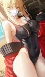 Rule 34 | 1girl, absurdres, bare shoulders, black one-piece swimsuit, blonde hair, blush, breasts, cleavage, collarbone, commission, competition swimsuit, covered navel, ellin meiji, highleg, highleg swimsuit, highres, jacket, k pring, large breasts, long hair, long sleeves, looking at viewer, mask, mouth mask, off shoulder, one-piece swimsuit, open clothes, open jacket, original, red eyes, red jacket, second-party source, solo, surgical mask, swimsuit, thighs, twintails