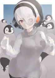 Rule 34 | 1girl, absurdres, bird, black hair, brown eyes, character request, check character, commentary request, emperor penguin (kemono friends), eyes visible through hair, hair over one eye, headphones, highres, kemono friends, looking at viewer, mochorinpun, multicolored hair, penguin, short hair, smile, solo, sweater, turtleneck, turtleneck sweater, two-tone hair, white hair