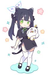 Rule 34 | 1girl, animal ears, black dress, black footwear, black hair, black ribbon, blue archive, blue halo, blush, bow, chinese clothes, closed mouth, dress, footwear bow, green bow, green eyes, hair ribbon, halo, long hair, looking at viewer, mary janes, onyhakase, peroro (blue archive), ribbon, shoes, short sleeves, shun (blue archive), shun (small) (blue archive), side slit, smile, solo, thighhighs, tiger ears, two side up, white thighhighs