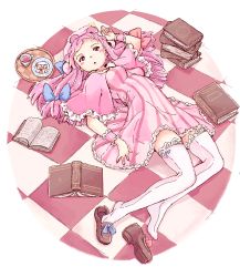 Rule 34 | 1girl, book, book stack, bow, breasts, capelet, checkered floor, circle, floor, hair bow, hat, lace, lace-trimmed legwear, lace trim, leo hariyoru, loafers, long hair, lying, medium breasts, oekaki, on back, on floor, patchouli knowledge, pink eyes, pink hair, shoe dangle, shoes, single shoe, solo, striped, thighhighs, touhou, vertical stripes, white thighhighs, wrist cuffs